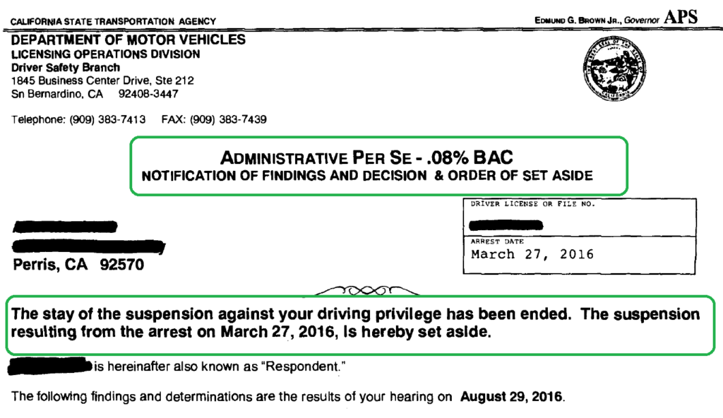 Notice of Findings and Decision (Administrative Per Se)