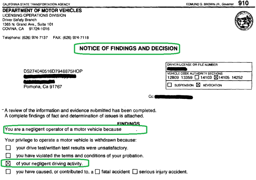 Notification of Findings and Decision for Road Rage
