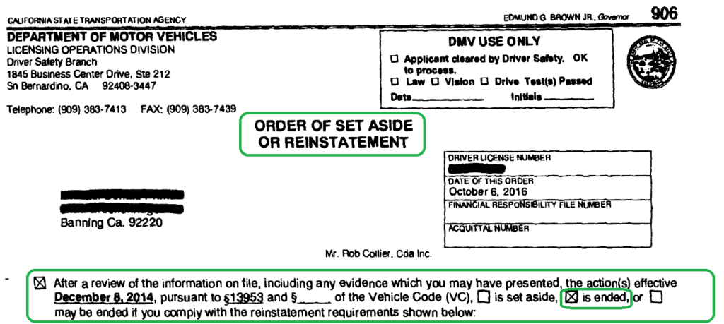 Order of Set Aside or Reinstatement