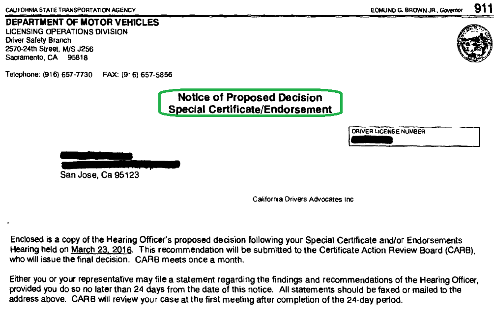 Notice of Proposed Decision Special Certificate Endorsement